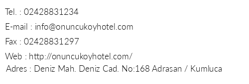 Onuncu Ky Hotel telefon numaralar, faks, e-mail, posta adresi ve iletiim bilgileri